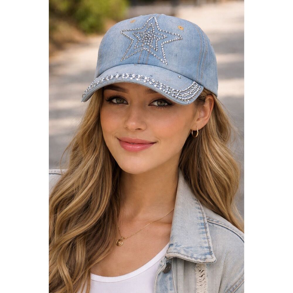 NEW Light Denim Rhinestone Star Bling Baseball Cap Adjustable Hat